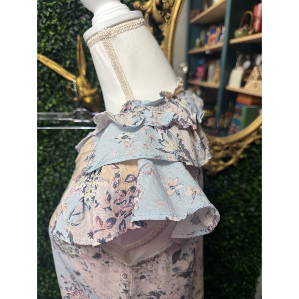 Doe & Rae Floral Patchwork Ruffle Flutter Sleeve Blouse S Blue Pink Excellent - Picture 5 of 8